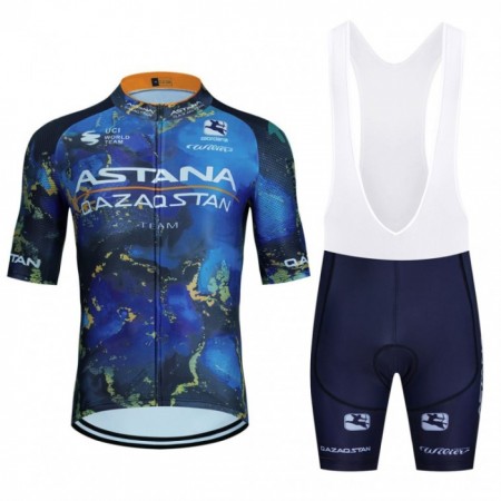 Completo Maglia + Pantaloncino con bretelle 2024 Astana Qazaqstan Manica Corta Blu